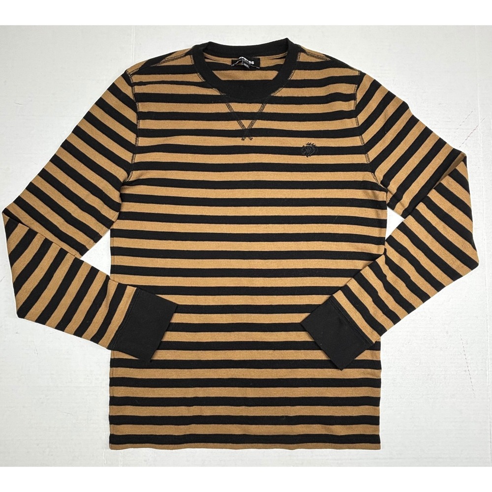 Express‎ Mens Thermal Shirt Striped Waffle Knit Black Tan Medium Retro Y2K EUC - Picture 10 of 10